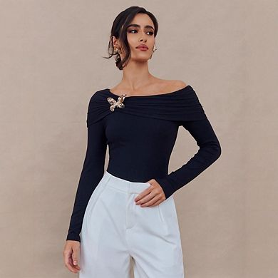 Women's Off Shoulder Long Sleeve Ruched Dressy Fitted Going Out Tees