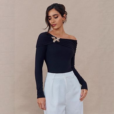 Women's Off Shoulder Long Sleeve Ruched Dressy Fitted Going Out Tees