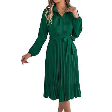 Maxi Dress for Women Long Sleeve Ruffle Belted Pleated Dresses Crew Neck Pullover Flowy Dresses