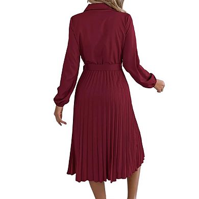 Maxi Dress for Women Long Sleeve Ruffle Belted Pleated Dresses Crew Neck Pullover Flowy Dresses
