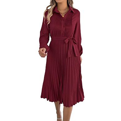Maxi Dress for Women Long Sleeve Ruffle Belted Pleated Dresses Crew Neck Pullover Flowy Dresses