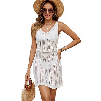 Women's Sleeveless Waist Tie Mini Dress V Neck Swimsuit Crochet Cover Up