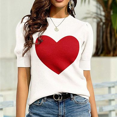 Women's Heart Print Short Sleeve Knit Top, Crew Neck Pullover Sweater