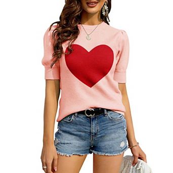 Women's Heart Print Short Sleeve Knit Top, Crew Neck Pullover Sweater