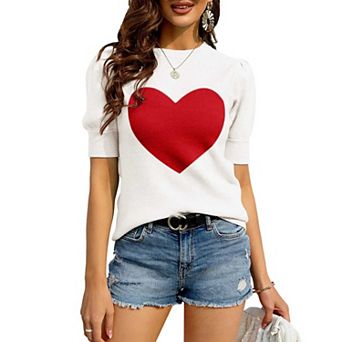 Women's Heart Print Short Sleeve Knit Top, Crew Neck Pullover Sweater