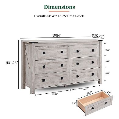 Farmhouse Rustic Wood 6-Drawer Dresser TV Stand Storage Unit
