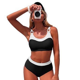 Women's High Waisted Bikini Sets Sporty Two Piece Color Block Swimsuits