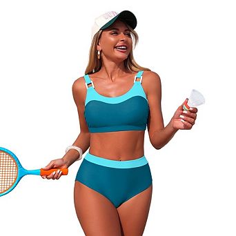 Women's High Waisted Bikini Sets Sporty Two Piece Color Block Swimsuits