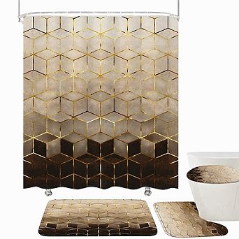 Brown Geometric Shower Curtain Set with Bathroom Mats Modern Bath Accessories