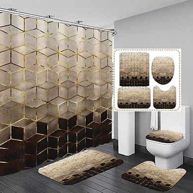 Brown Geometric Shower Curtain Set with Bathroom Mats Modern Bath Accessories