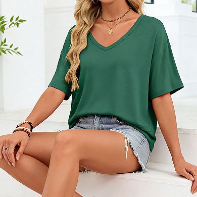 Women's V Neck Short Sleeve T Shirt Casual Loose Fit Basic Tees for Summer