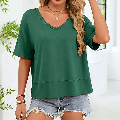 Women's V Neck Short Sleeve T Shirt Casual Loose Fit Basic Tees for Summer