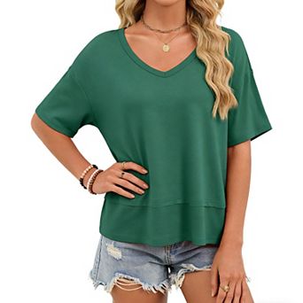 Women's V Neck Short Sleeve T Shirt Casual Loose Fit Basic Tees for Summer