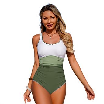 Women's Round Neck Color Block One Piece Swimsuit Summer Gathered Waist Ruched Swimwear
