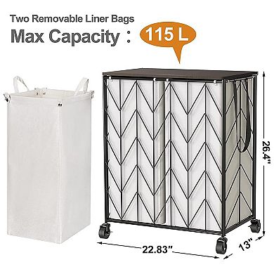 Laundry Basket with Wheels Heavy Duty Hamper Wood Lid Divided Removable Liner Iron-made Sorter