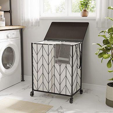 Laundry Basket with Wheels Heavy Duty Hamper Wood Lid Divided Removable Liner Iron-made Sorter
