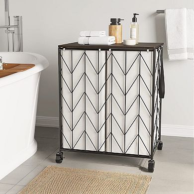 Laundry Basket with Wheels Heavy Duty Hamper Wood Lid Divided Removable Liner Iron-made Sorter