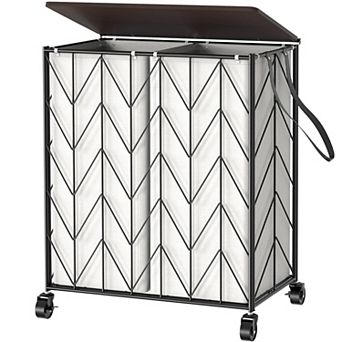 Laundry Basket with Wheels Heavy Duty Hamper Wood Lid Divided Removable Liner Iron-made Sorter