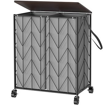Laundry Basket with Wheels Heavy Duty Hamper Wood Lid Divided Removable Liner Iron-made Sorter