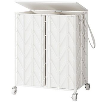 Laundry Basket with Wheels Heavy Duty Hamper Wood Lid Divided Removable Liner Iron-made Sorter