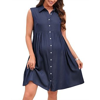 Women Maternity Dresses Polo V Neck Sleeveless Ruffle Button Pregnancy Casual Work Dress