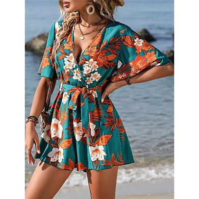 Women's Floral V Neck Romper Short Flutter Sleeve Tie Waist Jumpsuit for Beach Vacation
