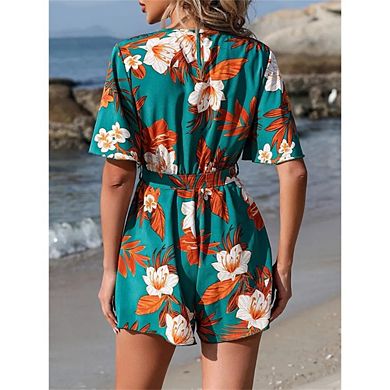 Women's Floral V Neck Romper Short Flutter Sleeve Tie Waist Jumpsuit for Beach Vacation
