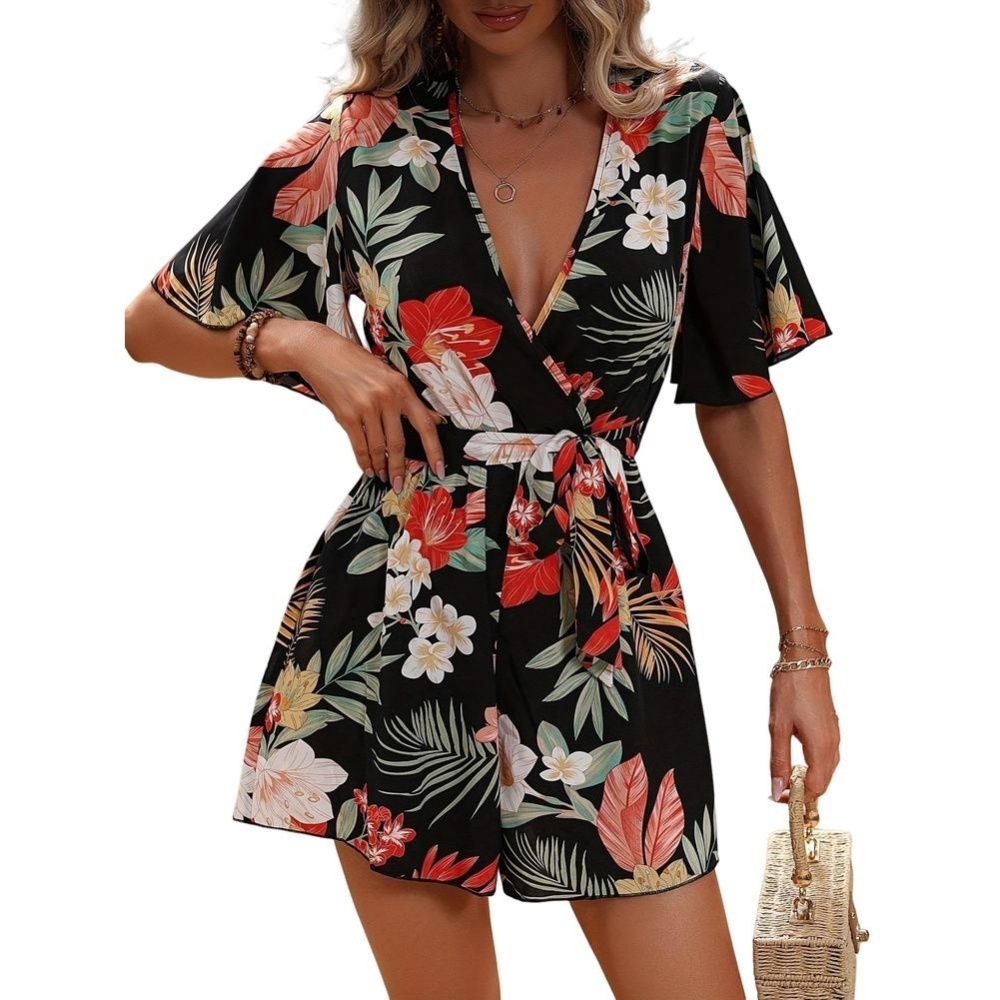 Женские комбинезоны Floral V Neck Romper Short Flutter Sleeve Tie Waist Jumpsuit for Beach Vacation
