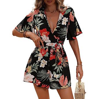 Women's Floral V Neck Romper Short Flutter Sleeve Tie Waist Jumpsuit for Beach Vacation
