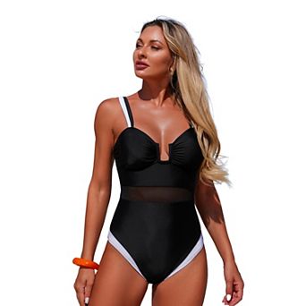 Women's Summer V Neck One piece Swimsuit Patchwork Spliced Mesh Strap Swimsuit Cutout Bathing Suit