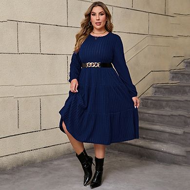 Women's Large Size Round Neck Lantern Sleeve Layered Mid-Length Knitted Dress