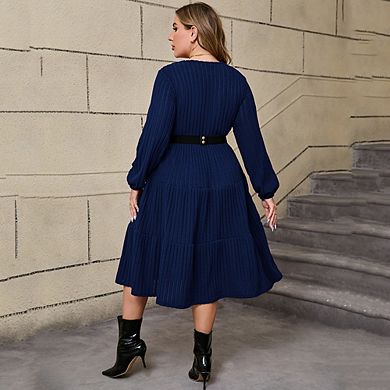 Women's Large Size Round Neck Lantern Sleeve Layered Mid-Length Knitted Dress