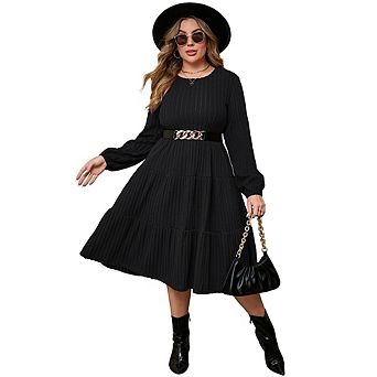 Women's Large Size Round Neck Lantern Sleeve Layered Mid-Length Knitted Dress