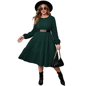 Women's Large Size Round Neck Lantern Sleeve Layered Mid-Length Knitted Dress