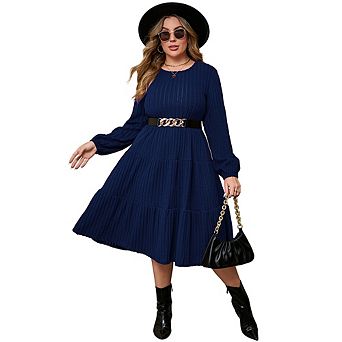 Women's Large Size Round Neck Lantern Sleeve Layered Mid-Length Knitted Dress