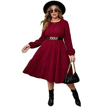 Women's Large Size Round Neck Lantern Sleeve Layered Mid-Length Knitted Dress