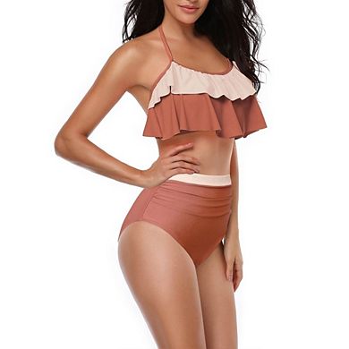 Women's Two Piece Bikini Set Color Block Ruffle Halter High Waist Ruched Bottom Swimsuit