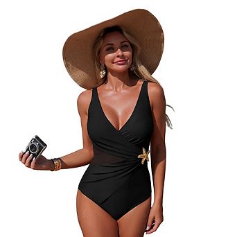 Women One Piece Swimsuit Criss Cross Bathing Suit Slimming Ruched Swim Suit Push Up V Neck Swimwear