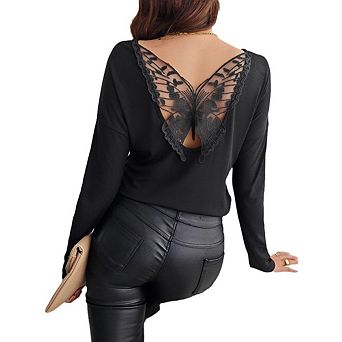 Women's Ribbed Knit Long Sleeve Sweater with Butterfly Lace Open Back Crew Neck Lightweight Fall Top