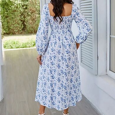 Womens Boho Maxi Dresses Square Neck Floral Print Long Sleeve Split Smocked Tiered Flowy Dress