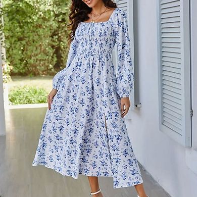 Womens Boho Maxi Dresses Square Neck Floral Print Long Sleeve Split Smocked Tiered Flowy Dress