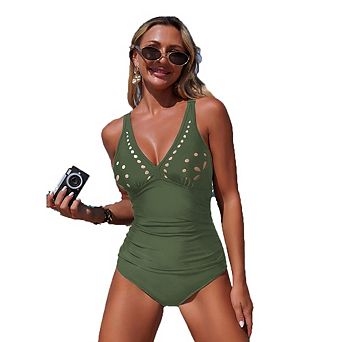 Women's V-Neck Ruched One-Piece Swimsuit with Integrated Floral Buckle
