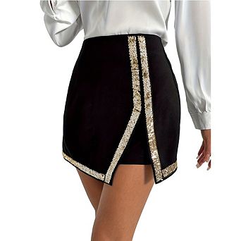Women High Waist Sequin Trim Skort Elegant Asymmetrical Mini Shorts