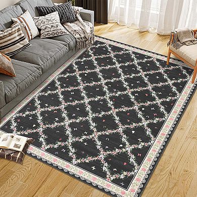 Pearl Velvet Printed Area Rug with Washable Polyester Backing, Foldable Soft Carpet for Bedroom