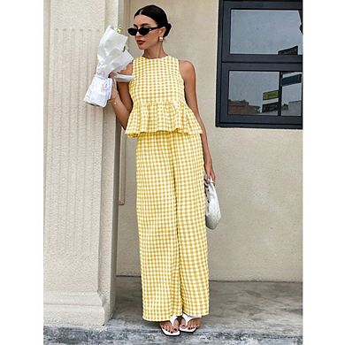 Women Gingham Two-Piece Set Sleeveless Ruffle Crop Top & Wide Leg Pants