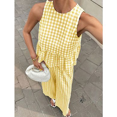 Women Gingham Two-Piece Set Sleeveless Ruffle Crop Top & Wide Leg Pants