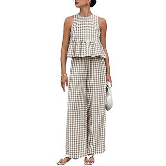 Women Gingham Two-Piece Set Sleeveless Ruffle Crop Top & Wide Leg Pants