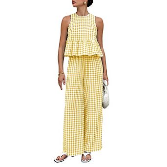 Women Gingham Two-Piece Set Sleeveless Ruffle Crop Top & Wide Leg Pants