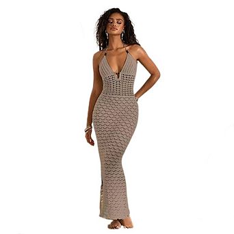 Women's Summer Crochet Knit Maxi Cover Up Dress V Neck Solid Color Beach Dresses Bikini Swimwear