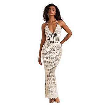Women's Summer Crochet Knit Maxi Cover Up Dress V Neck Solid Color Beach Dresses Bikini Swimwear